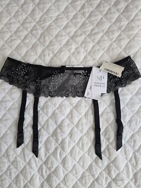 Simone Perele Black Sheer Lace Garter Belt with Embroidered Detail Size XL (4)